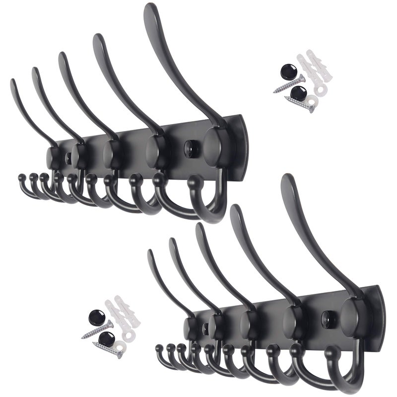 WEBI Coat Rack Wall Mount,5 Tri Hooks for Hanging,Coat Hooks Wall Mount,Hook Rack Rail,Coat Hanger Wall for Jacket,Clothes,Hats,Black,2 Packs - Image 1